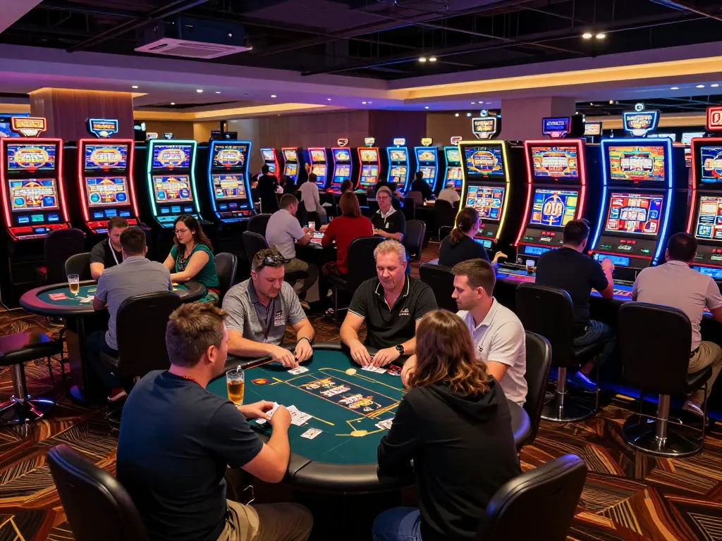 Players enjoying O8 Casino's intense poker action amidst vibrant lights and slot machines