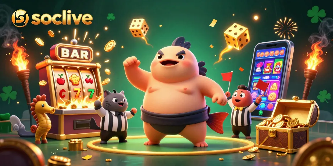 Socolive features a lively underwater gambling scene with a fugu, catfish referee, and slot machine explosion.