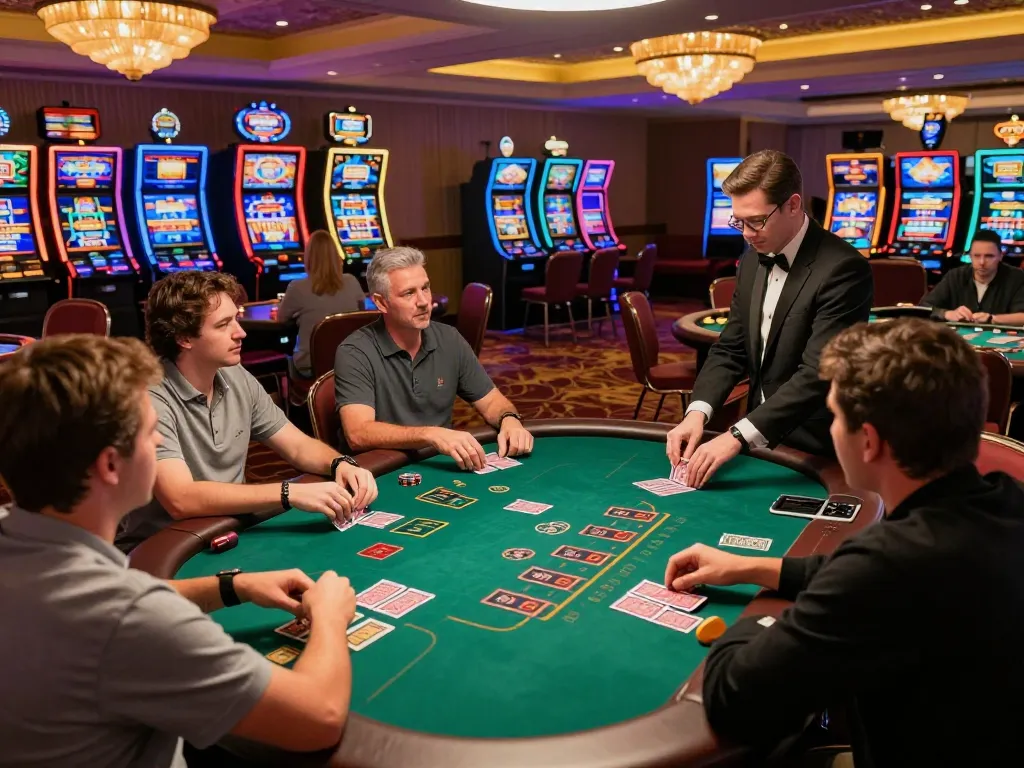 Players engage in strategic gameplay at an MM88 link blackjack table in a vibrant casino.