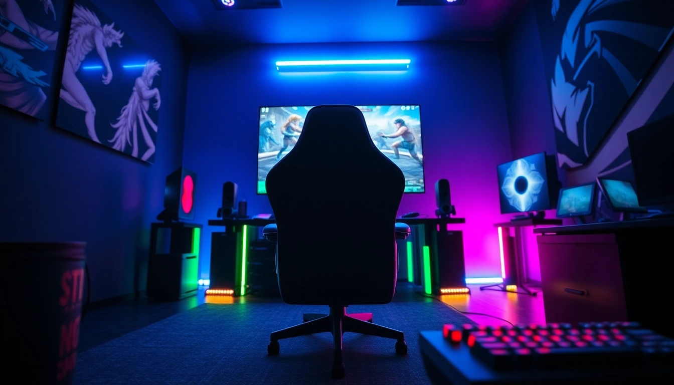 Engaging gaming setup featuring NK88.GG branding with vibrant LED lighting.