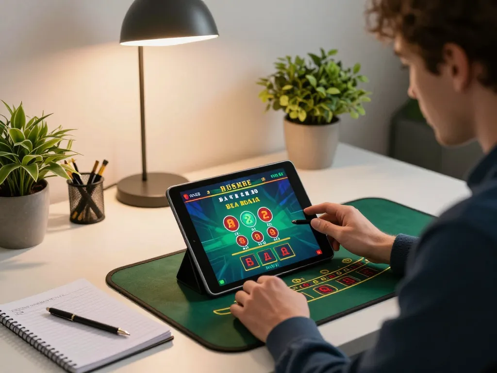 Engaged player enjoying an lc88 live dealer baccarat game on a tablet in cozy workspace.