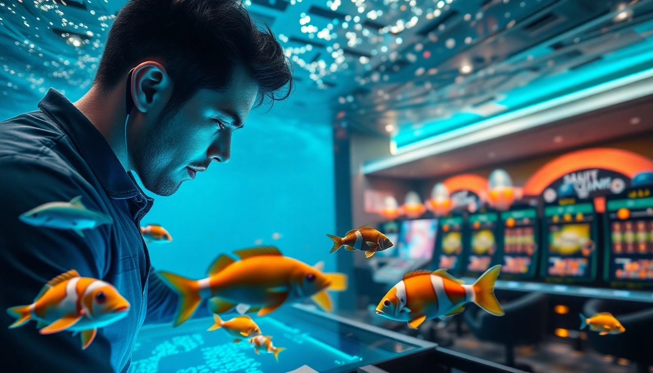 Bắn cá đổi thưởng gaming interface with colorful fish and casino elements, illustrating excitement in online gambling.
