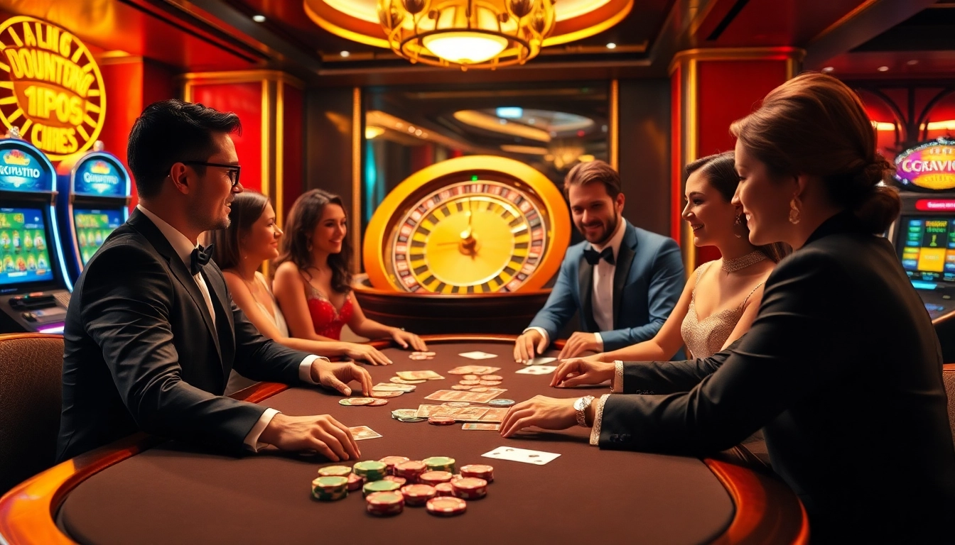 Excited players at a luxurious XX88 poker table, showcasing vibrant casino elements.