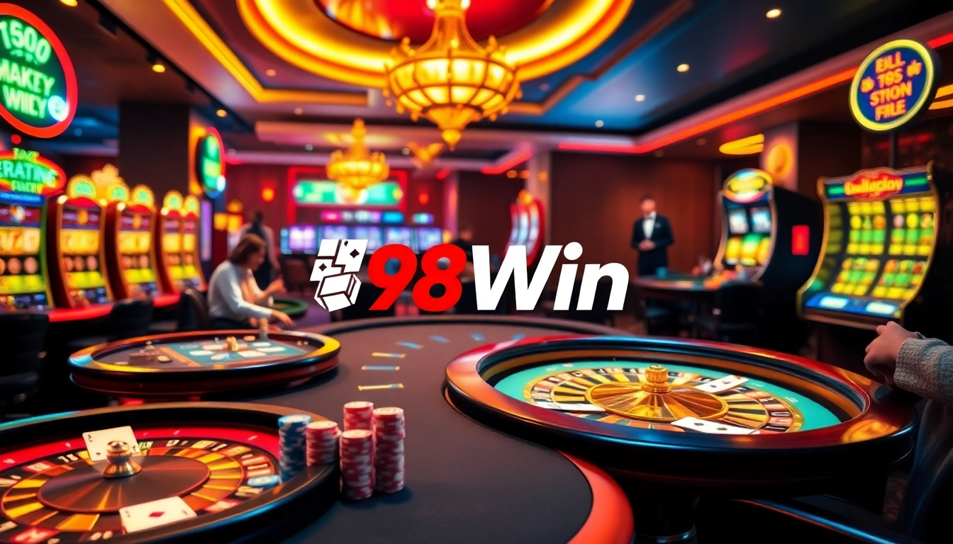 Experience the excitement of gaming at 98Win with vibrant casino tables and engaging players.