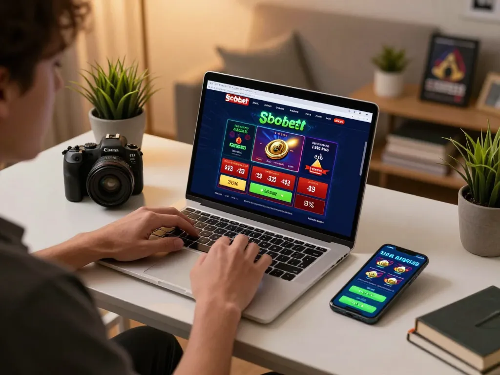 Player engaging with sbobet's online gaming platform, showcasing a laptop setup for convenient betting.
