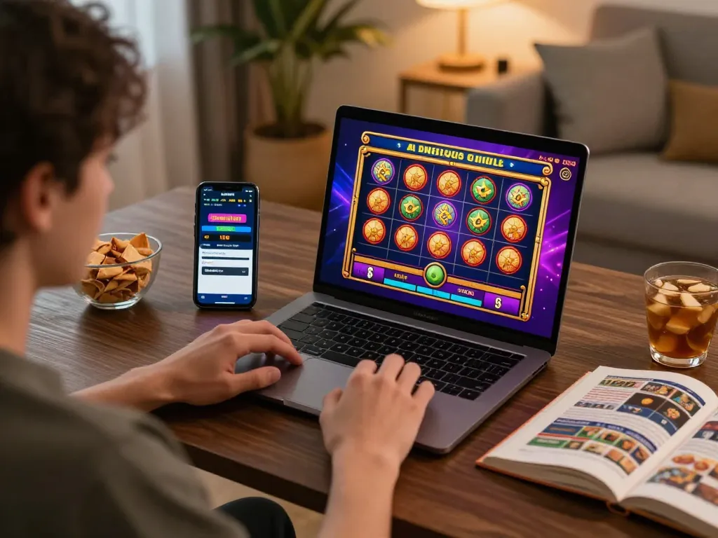 Enjoying dynamic slot game action on a laptop with uu88games in a cozy online gaming setup.