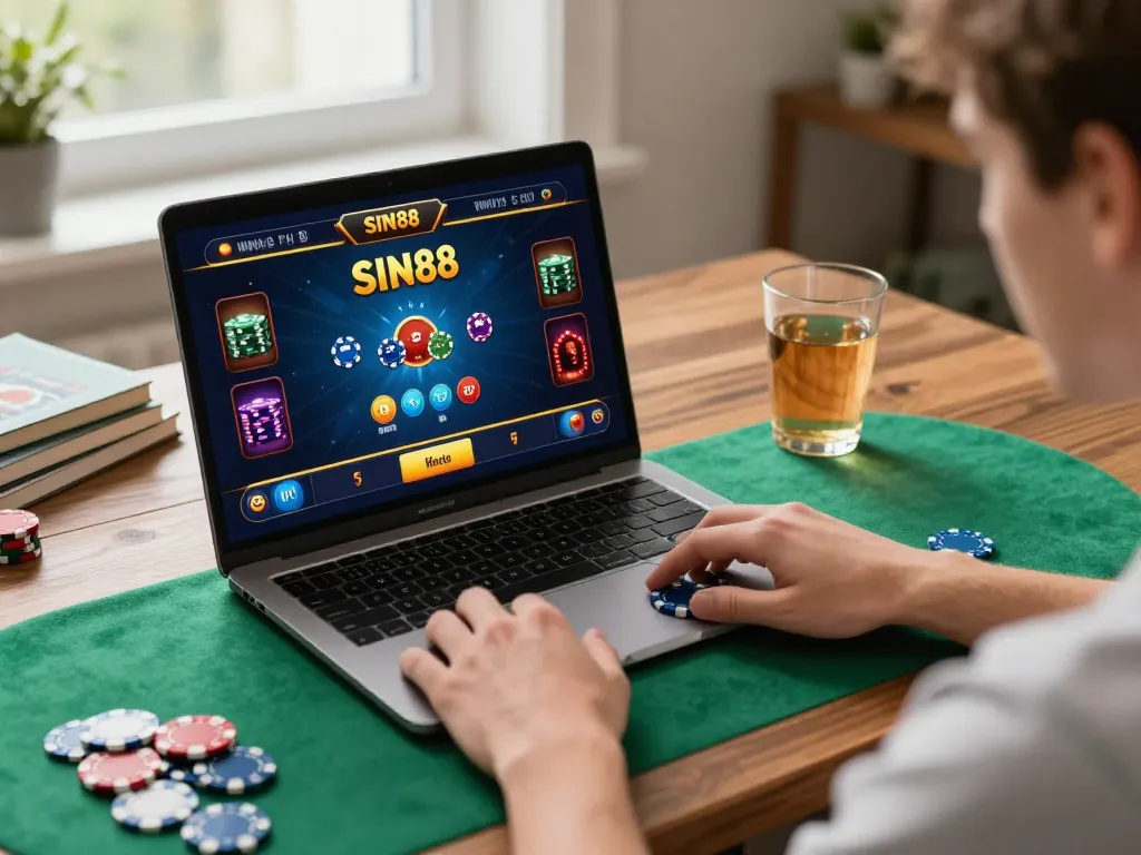 SIN88 player enjoying online poker in a cozy home setting, showcasing strategic gameplay.