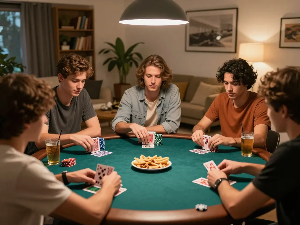 Friends enjoying poker night at home with bet88 chips and cards on the table
