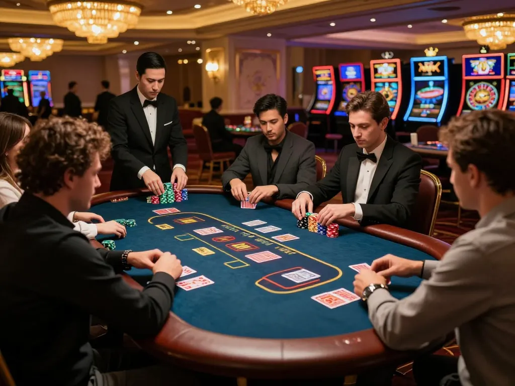 Players strategizing at a Game Bài 98WIN table in an upscale casino, showcasing excitement and action.
