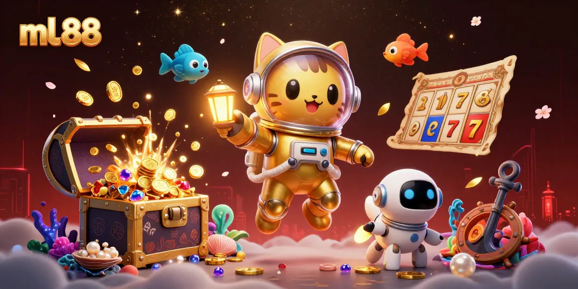 Engage with ml.88's vibrant online casino scene featuring a golden astronaut cat and robot dog amidst slot machines and treasure.
