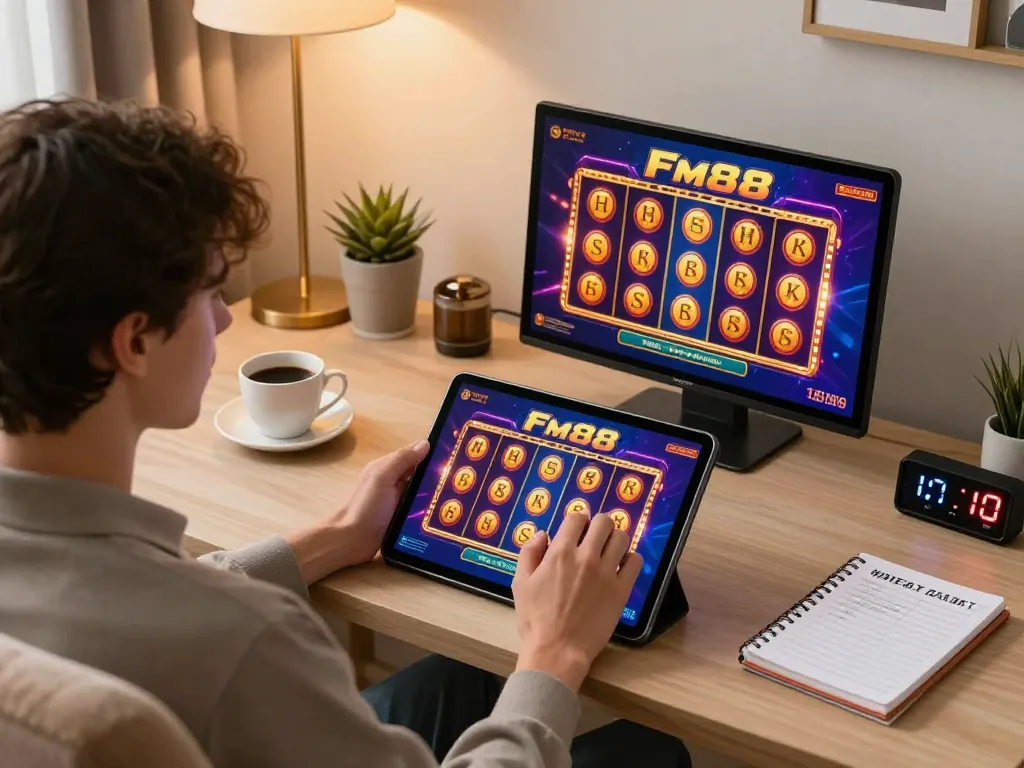 Engaged in Fm88 slots gameplay on tablet in a cozy home setup, promoting responsible gaming.