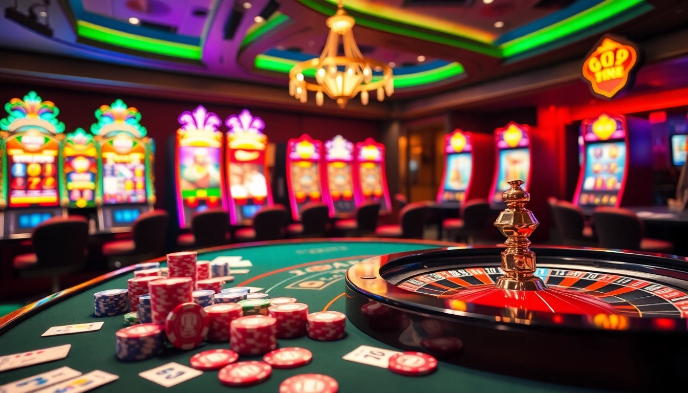 Engaging scene of a vibrant casino atmosphere highlighting go99 poker chips and roulette wheels.