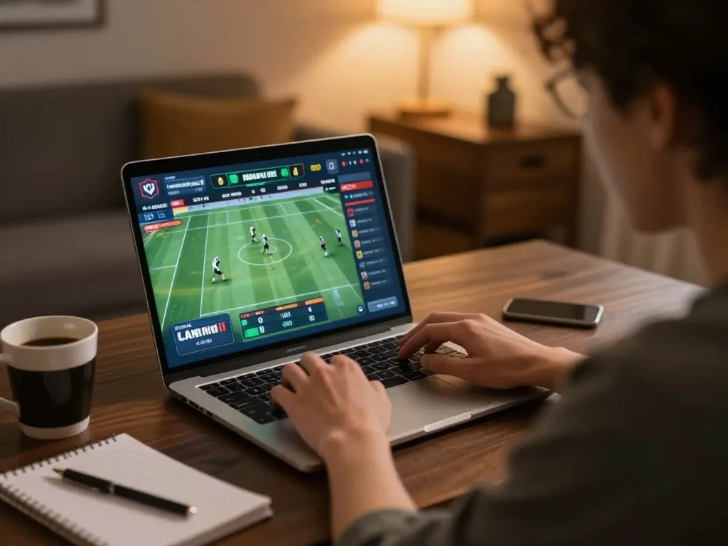 Kèo nhà cái hôm nay dynamic sports betting scene at home with player using laptop.