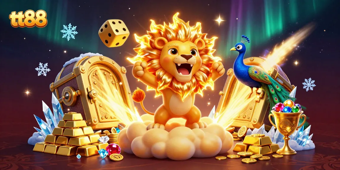 Engage with the thrilling tt88 casino experience, featuring a roaring lion, golden dice, and vibrant gems.