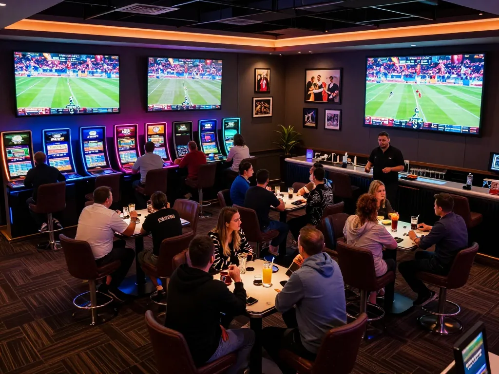 Engaging atmosphere at tic88 sports betting lounge with excited bettors and live screens