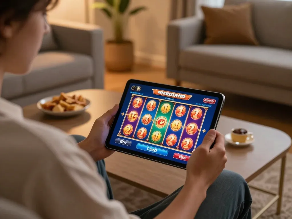 Momen menarik bermain mejavip slot online di tablet dalam suasana ruang tamu yang nyaman.