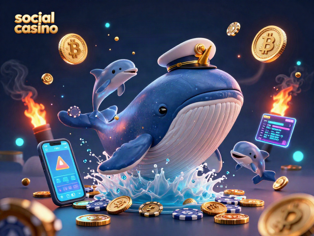 Experience the excitement of social casino gaming in a dynamic scene with a 3D cartoon whale, crypto coins, and playful dolphins.
