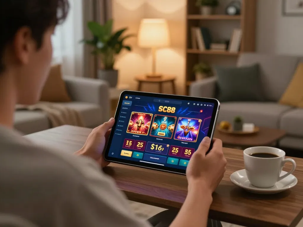 Engagingly playing SC88 casino app on tablet in a cozy home setup
