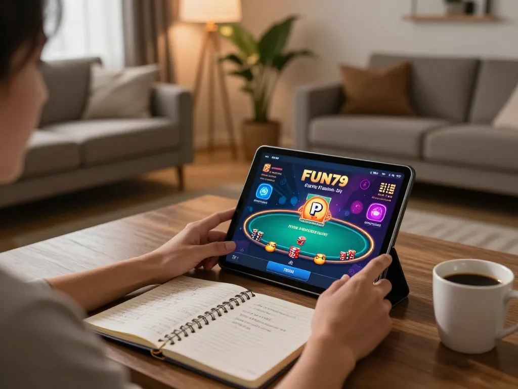 Player enjoying online casino games on the FUN79 platform in a cozy home setting.