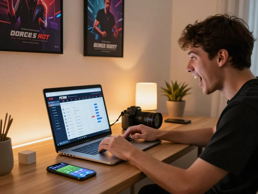 Engaging sports betting scene featuring FC88 user analyzing live events on their laptop.