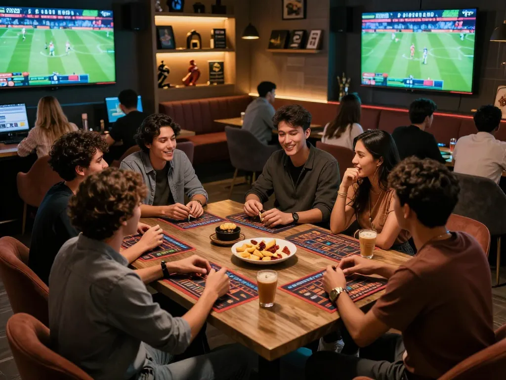 Exciting sports betting scene at ONE88ZA.COM with friends strategizing and enjoying live games.