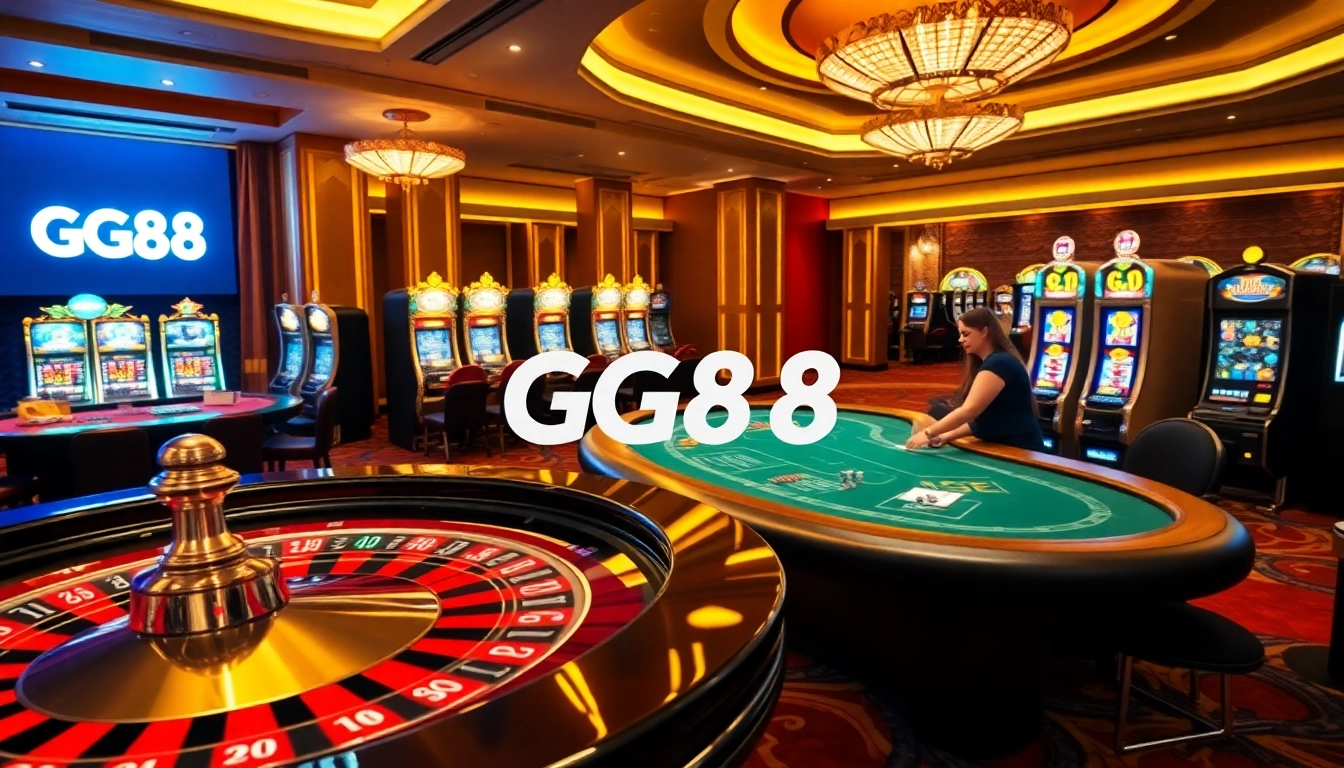 Gamblers enjoying excitement at GG88 casino tables with roulette and poker games.