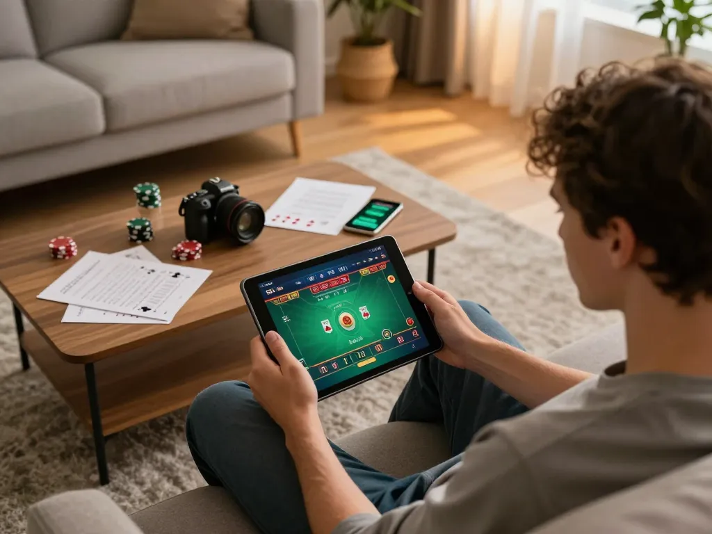Utente impegnato che esplora siti non AAMS sicuri su un tablet, con interfaccia di gioco di poker online.