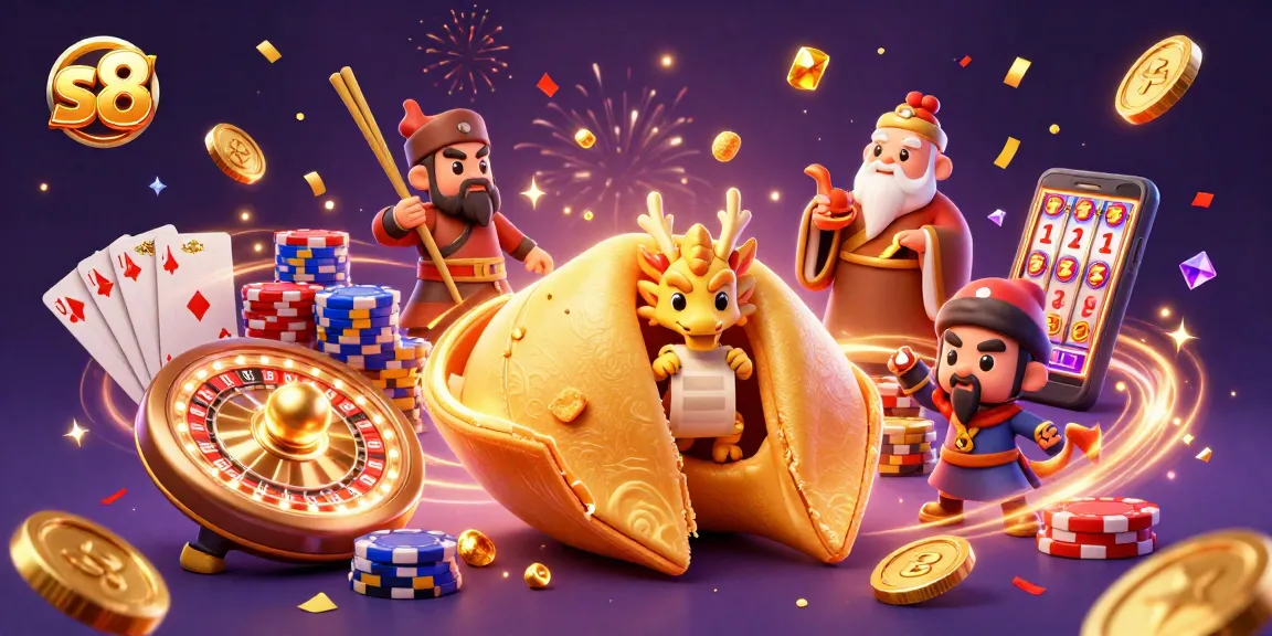 Engage in thrilling S8 casino action featuring golden fortune cookie and gambling elements.
