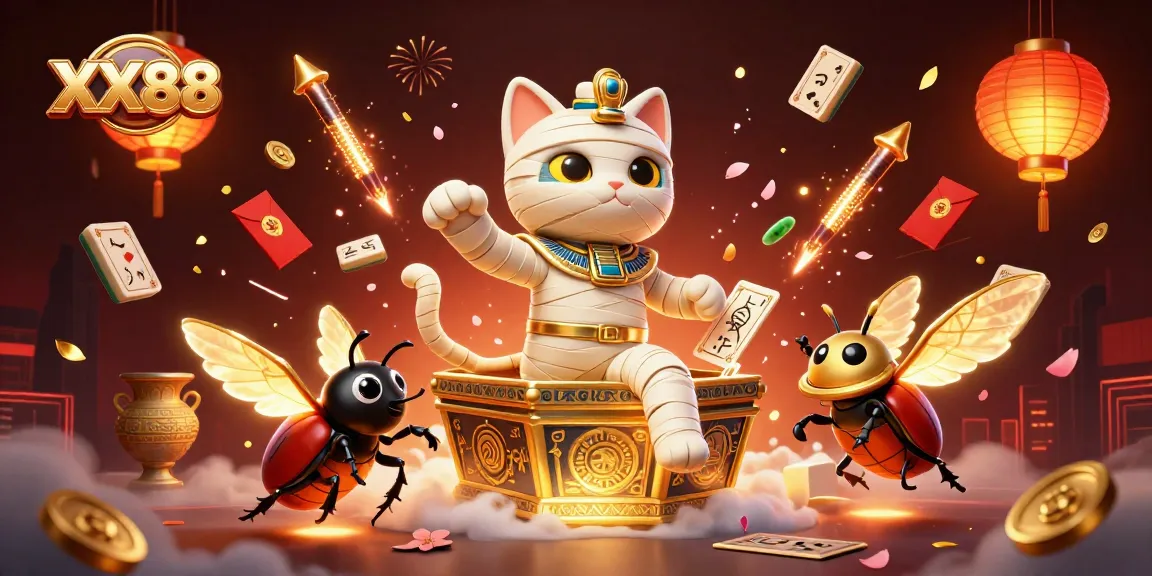 Play at XX88 and win big with a colorful gambling scene featuring an Egyptian mummy cat and golden treasures.