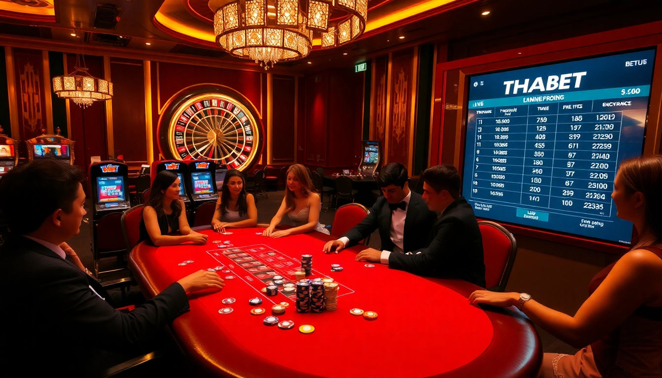 A thrilling poker game at THABET Casino with elegant players and a vibrant atmosphere.
