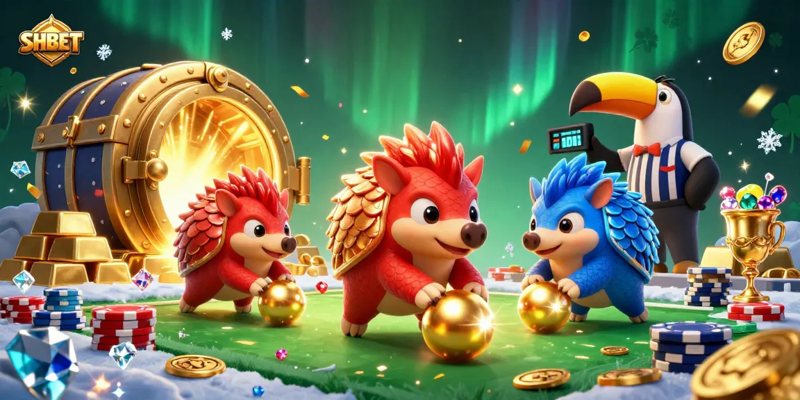 Experience thrilling casino moments with SHBET's vibrant 3D pangolin rivalry and golden treasures.