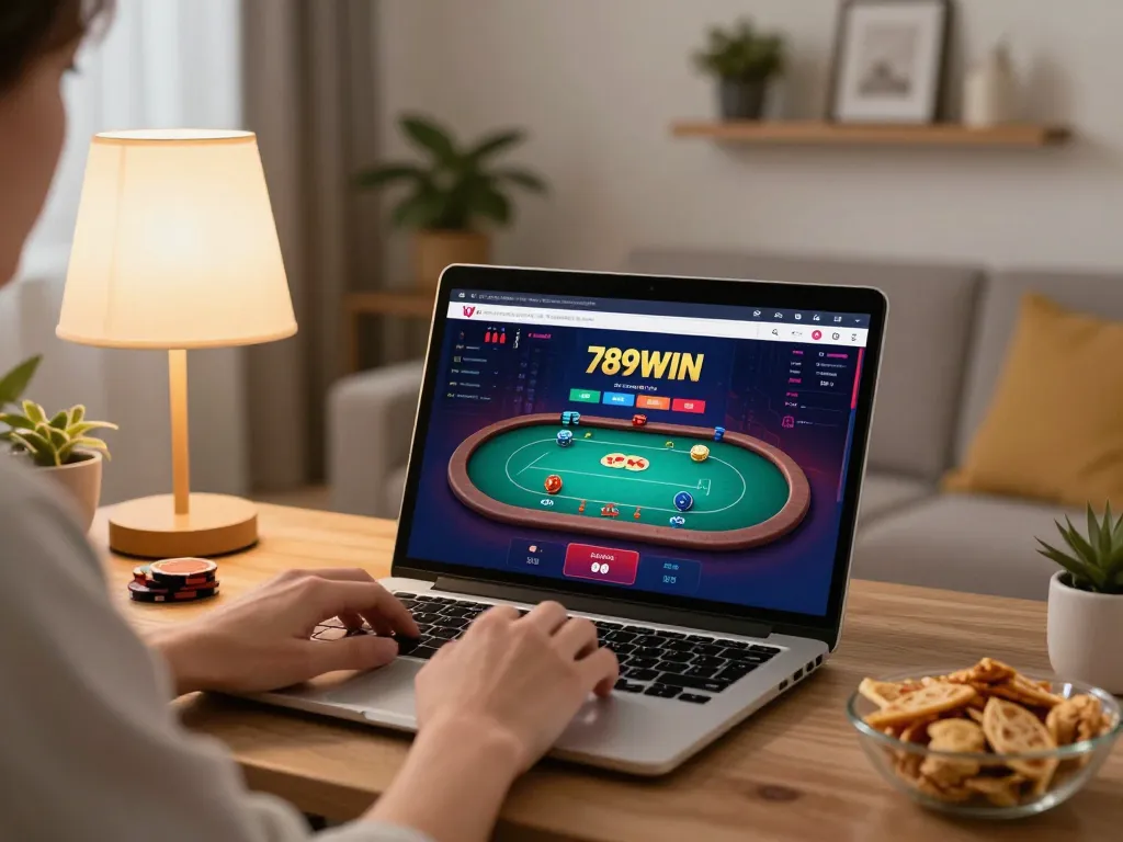 Engaging in online poker gameplay at 789WIN with cozy home decor and snacks.