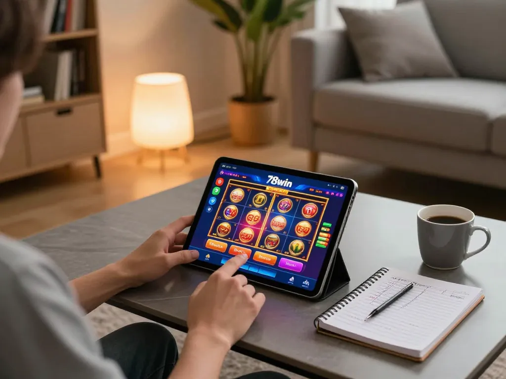 Engaging in online slots gameplay on 78win app, showcasing casino interface in a cozy home setting