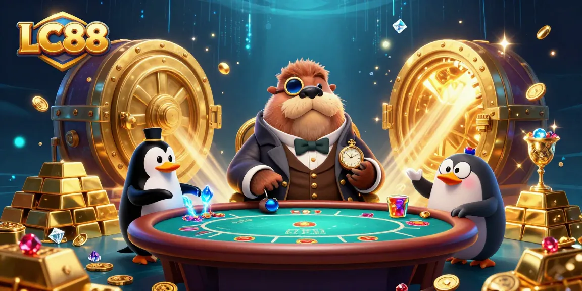 Play poker at LC88 with a jolly walrus in a Victorian suit, surrounded by treasure.