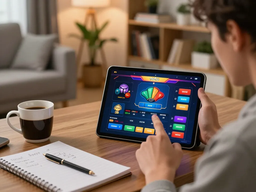 Player focused on the nohu casino app on tablet in a cozy living room, capturing strategic gameplay.
