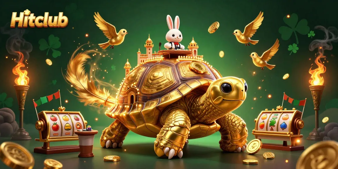 Hitclub’s lively casino scene featuring a golden tortoise and rabbit dealer surrounded by slot reels.