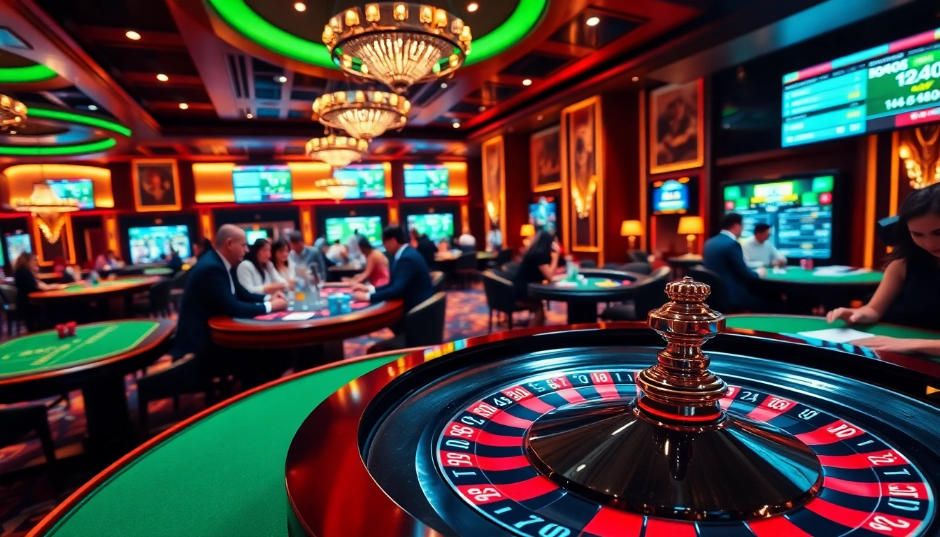 Engaged players placing bets on kèo bóng đá in a luxurious casino with poker tables and betting slips.
