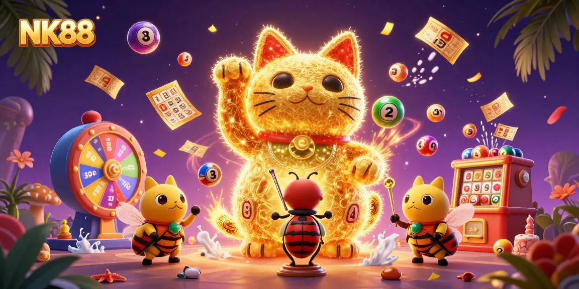 Engage in thrilling gaming adventures at NK88 with a vibrant scene of a lucky cat and colorful lottery elements.