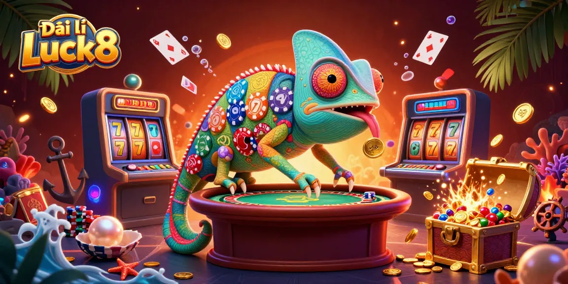 Play and win with Đại lý Luck8, a cartoon chameleon casino owner in a vibrant gaming environment.