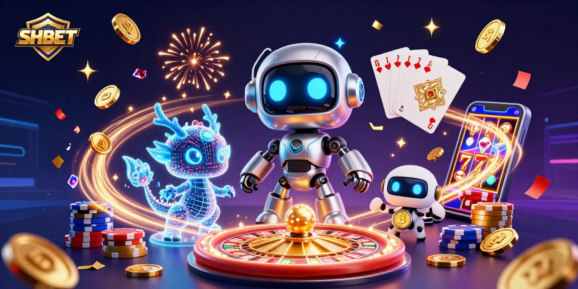 Experience the exciting SHBET casino with a vibrant 3D scene featuring robots, holographic dragons, and dynamic game elements.