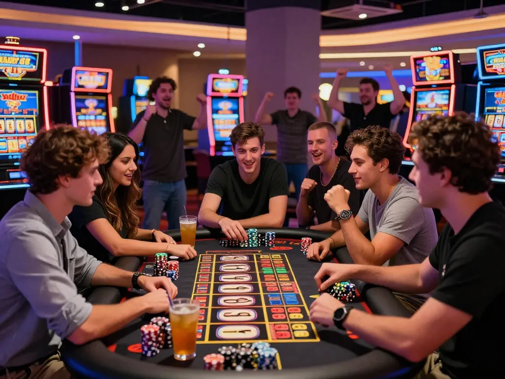 Exciting group of friends enjoying the Lucky 88 casino experience with vibrant lights and atmosphere.