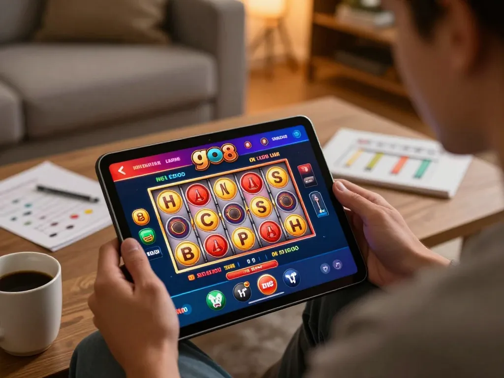 Engaging with go8 casino app on a tablet in a cozy living room with warm lighting.