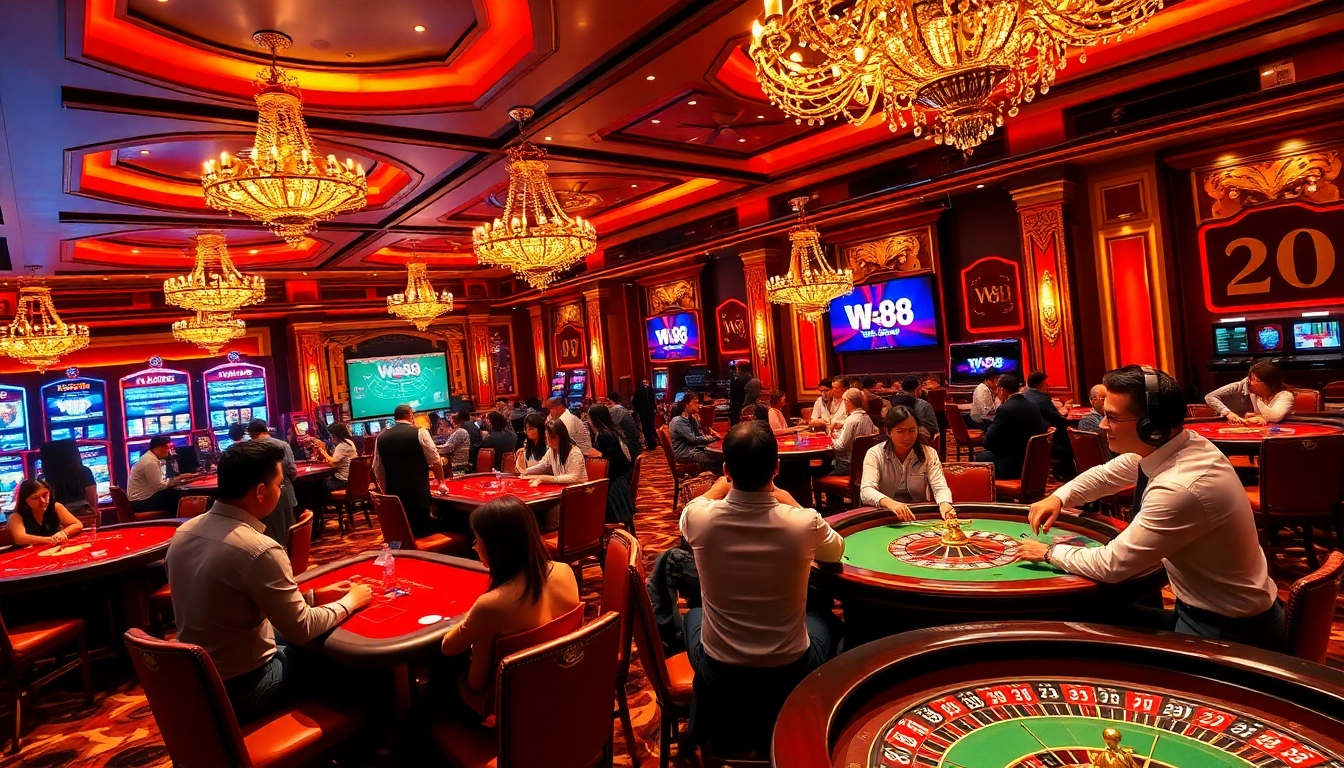 Players engaging in exhilarating gameplay at W 88 casino tables, showcasing strategic betting and excitement.