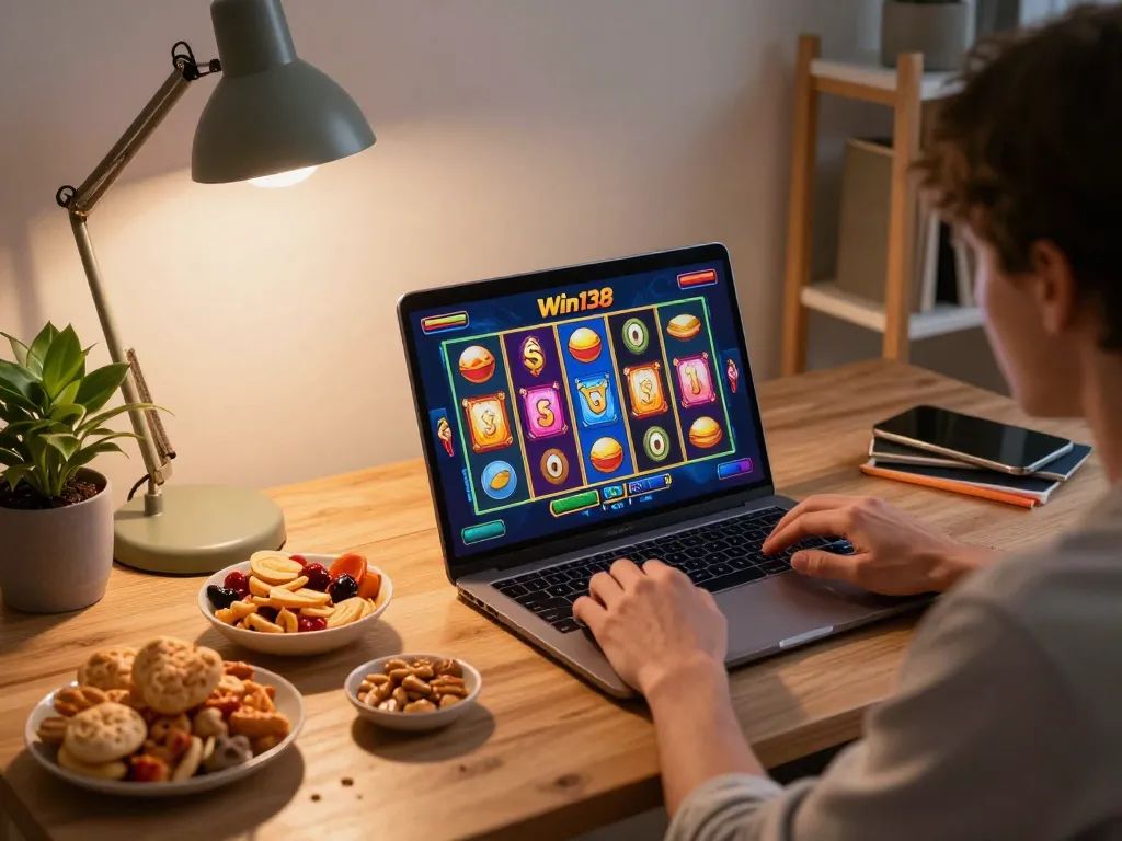 Win138 player spinning the reels on a laptop, cozy home gaming atmosphere with snacks and warm lighting