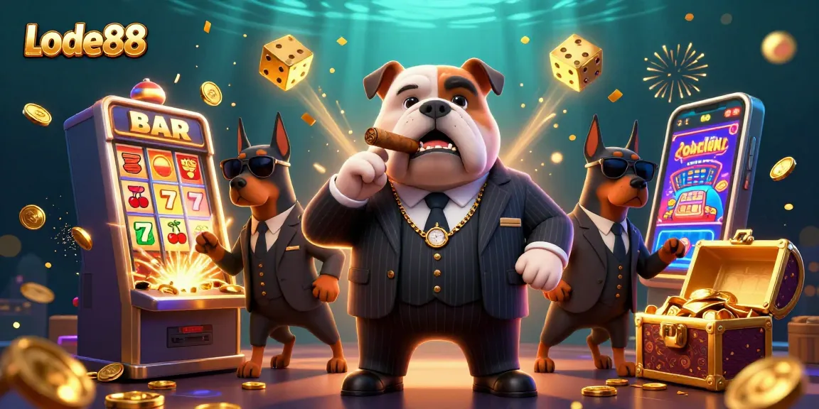 Lode88 promotes excitement in gaming with a dynamic illustration of a mafia boss, slot machines, and rich casino elements.