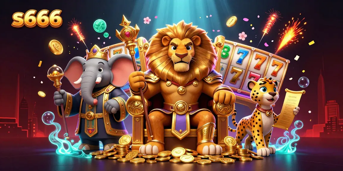 Join the excitement at s666 with a royal lion king, advisor, and messenger amidst dazzling slot game elements.