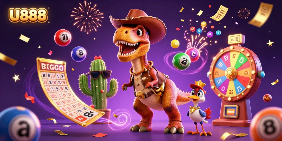U888 captures the excitement of gambling with vibrant lottery balls, gold tickets, and engaging characters.