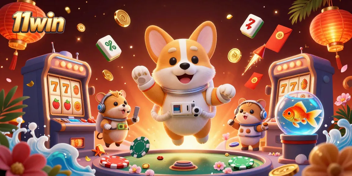 Play and win big with 11win's dynamic space-themed casino experience featuring floating gaming elements.